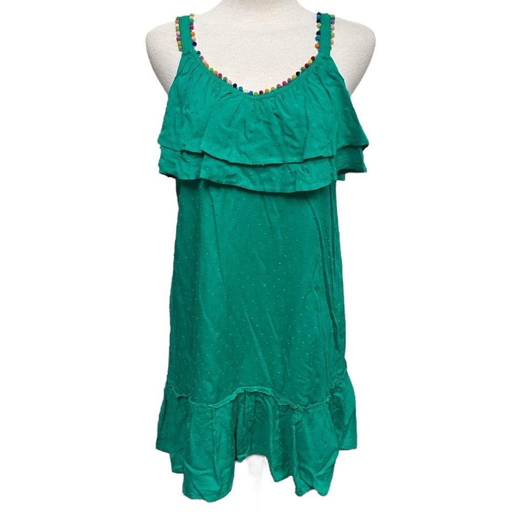 Blue Rain Green Ruffled Multicolor Pom Pom Trim Dress Women's Size Large